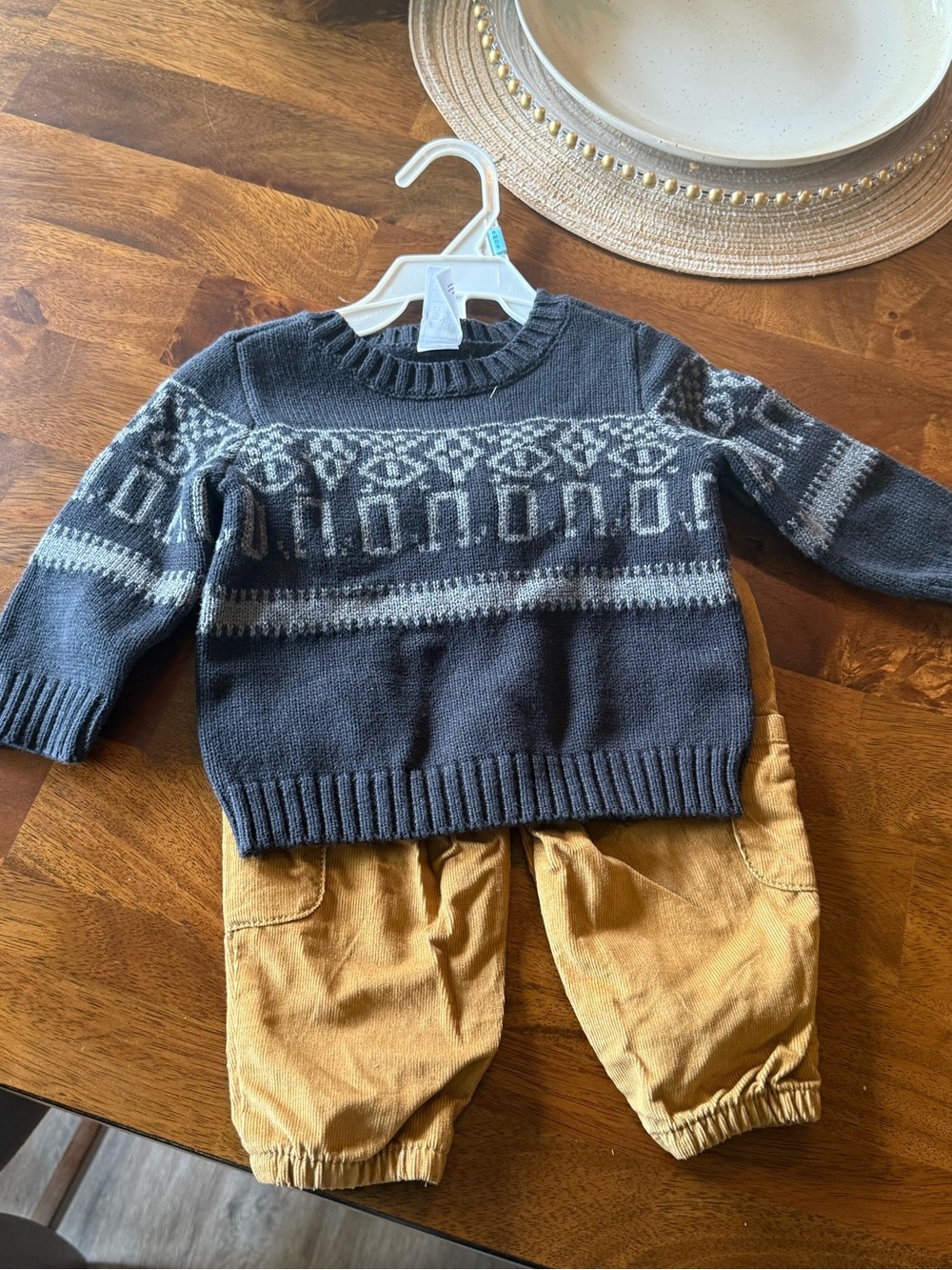 Carter's Dark Gray Fair Isle Sweater with Tan Pants Set